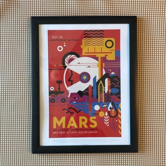 Retro Space Travel Poster Travel Mars poster in frame. Approx 17.5 x 13.5” - Picture 1 of 11